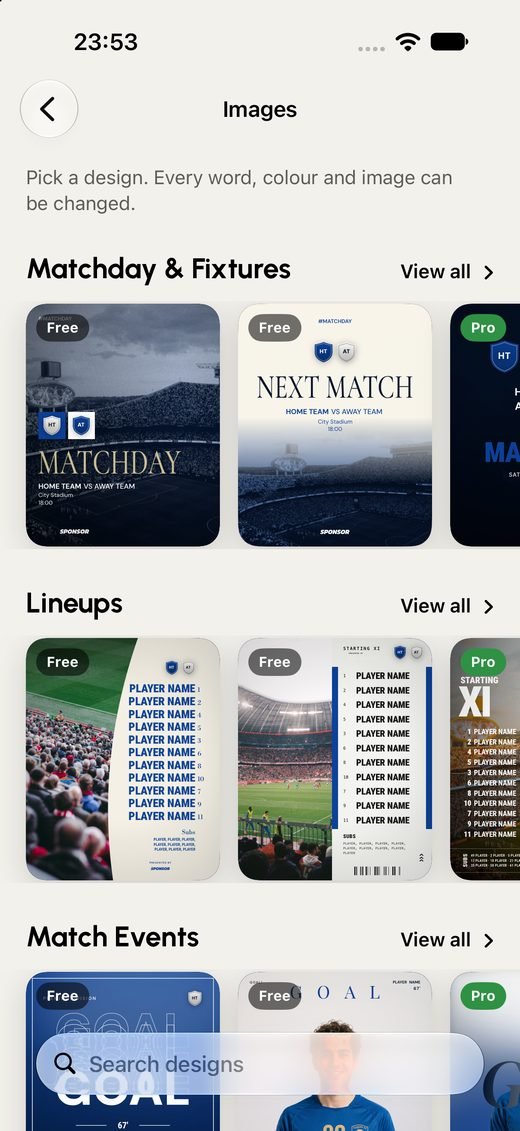 The design library, grouped into matchday, lineups and match events.