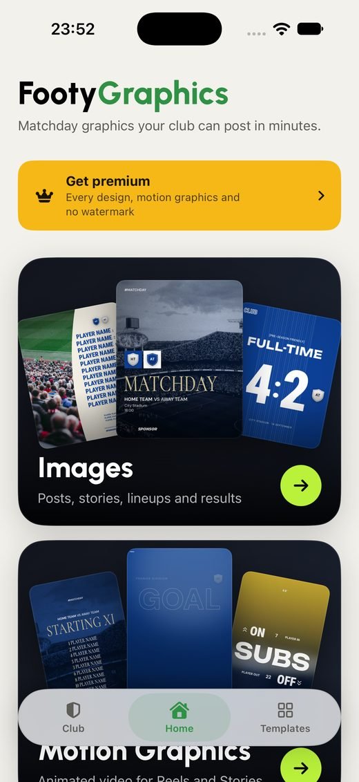 The FootyGraphics home screen, with image and motion graphic sections.